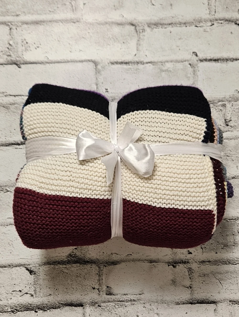 Hand Knit Patchwork Throw Blanket 52x69 Colorblock Boho Vintage Style